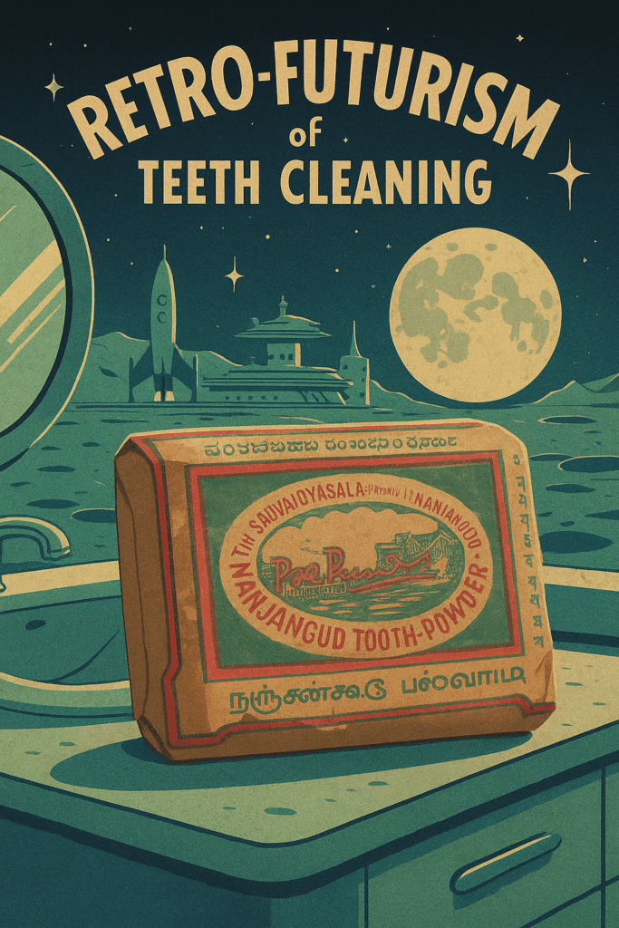 Retro-futurism illustration of teeth cleaning with Nanjangud Tooth Powder featuring vintage packaging, toothbrush, futuristic cityscape, moon, and rocket – symbolizing rice husk ash dentifrice innovation.