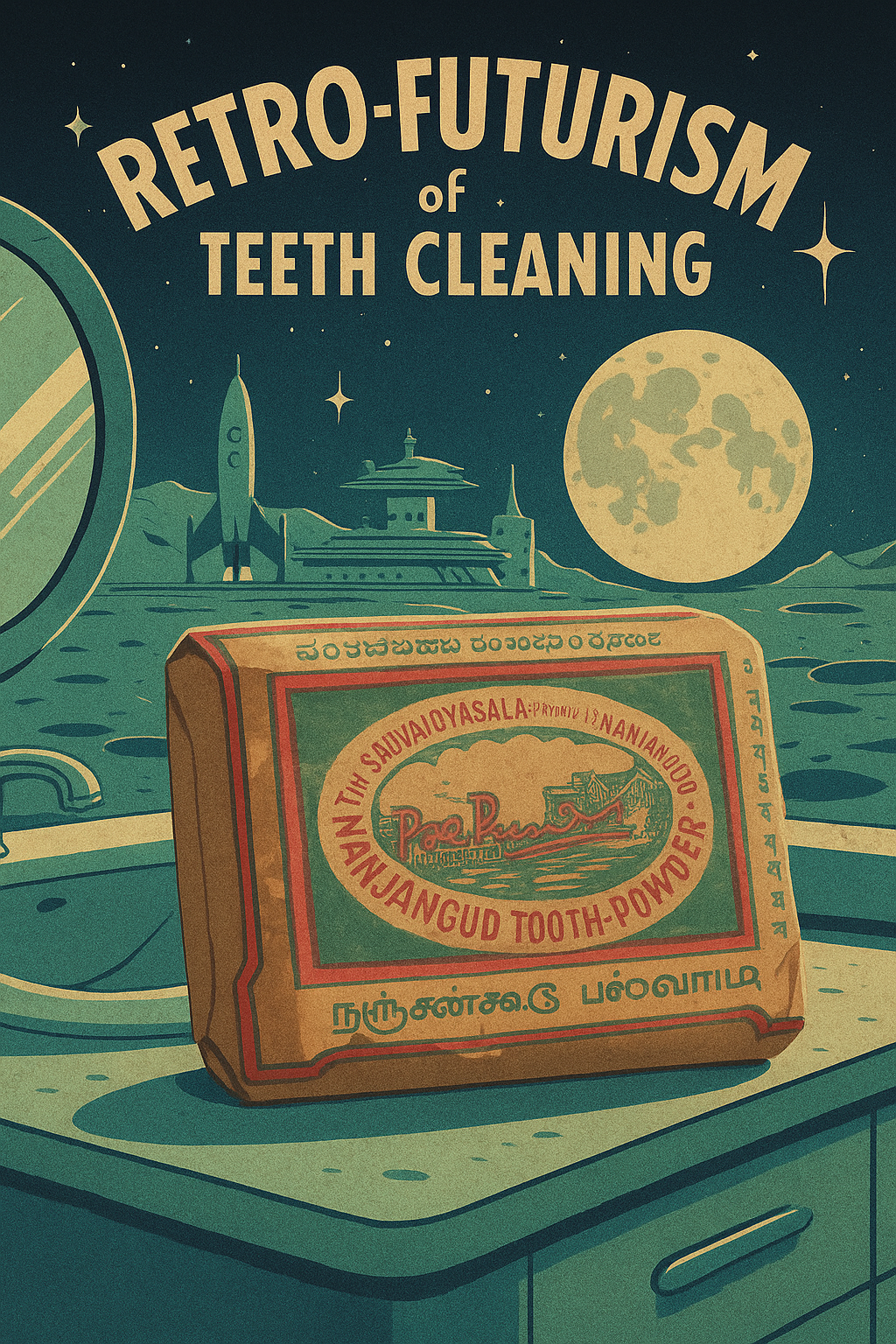 Retro-futurism illustration of teeth cleaning with Nanjangud Tooth Powder featuring vintage packaging, toothbrush, futuristic cityscape, moon, and rocket – symbolizing rice husk ash dentifrice innovation.